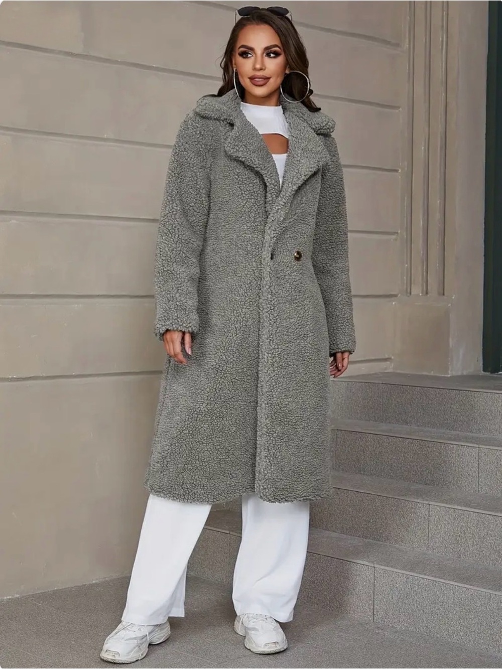 Long Teddy Faux Shearling Coat in Grey # 1330